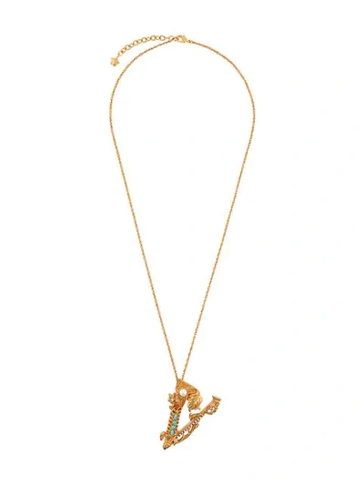 Shop Versace Embellished V Necklace In Metallic