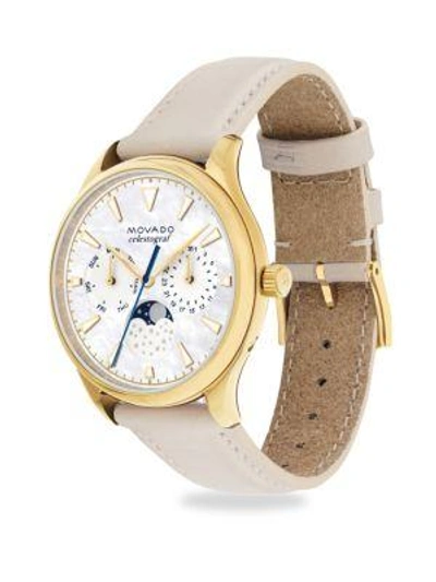 Shop Movado Heritage Celestograf Goldplated Steel Leather-strap Watch In White