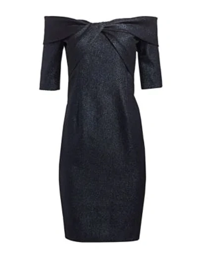 Shop Teri Jon By Rickie Freeman Twisted Bodice Off-the-shoulder Cocktail Dress In Navy
