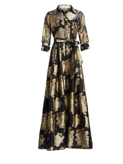 Shop Teri Jon By Rickie Freeman Collared Floral Belted Gown In Black Gold