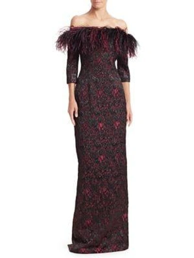 Shop Teri Jon By Rickie Freeman Feather-trimmed Print Gown In Wine