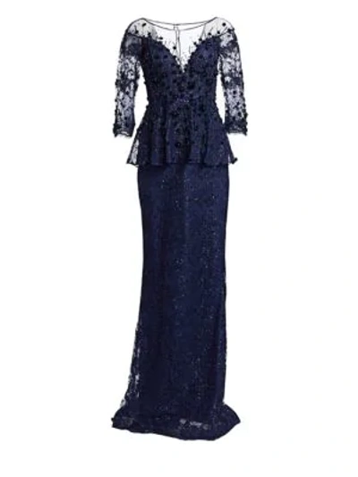 Shop Teri Jon By Rickie Freeman Embellished Lace Gown In Navy