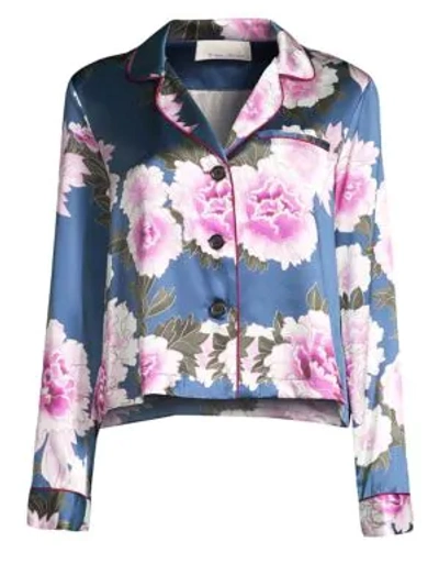 Shop Fleur Du Mal Floral-print Silk Satin Pajama Top In Caspian Floral