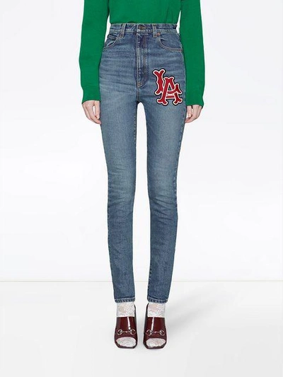 Shop Gucci Skinny Denim Trousers With La Angels™ Patch In Blue