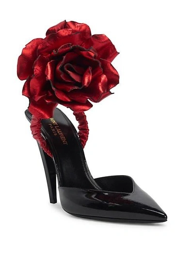 Shop Saint Laurent Freja Flower-applique Patent Leather Pumps In Noir Rouge