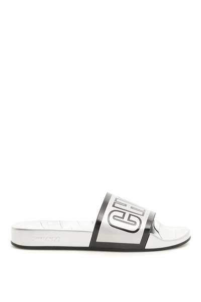 Shop Jimmy Choo Rubber Rey Slides In Silver Blackmetallico