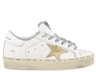 Shop Golden Goose Hi Star Sneakers In White-gold Leather Star