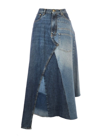 Shop Loewe Patchwork Midi Skirt In Blue Denim