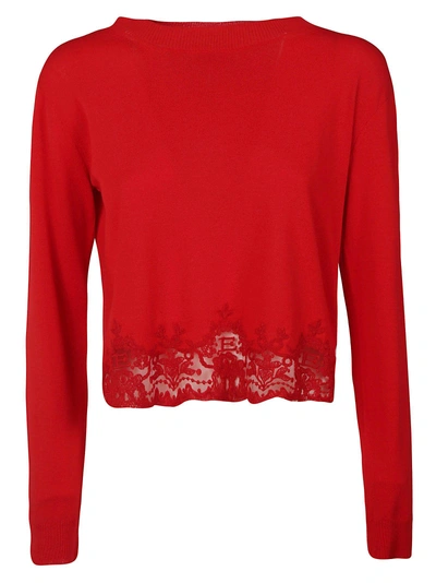 Shop Ermanno Scervino Cropped Lace Detail Sweater In Red