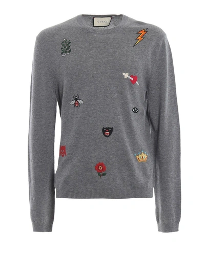 Shop Gucci Embroidered Knit Sweater In Med.grey Mel.