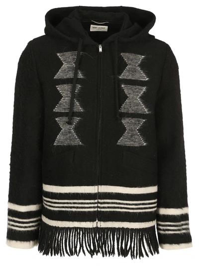 Shop Saint Laurent Hoodie Fringe Jacket In Black/white