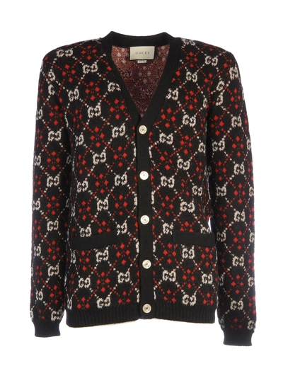 Shop Gucci Monogram Buttoned Cardigan In Black Red Multi