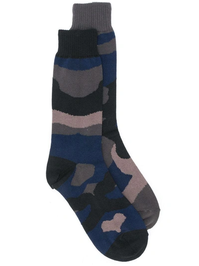 Shop Sacai Camouflage Print Socks - Blue