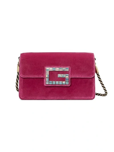 Shop Gucci Pink Velvet Shoulder Bag With Square G