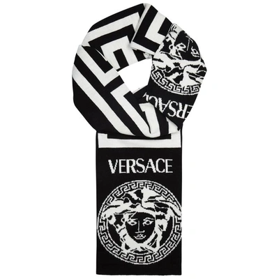 Shop Versace Monochrome Medusa Wool Scarf In Black And White