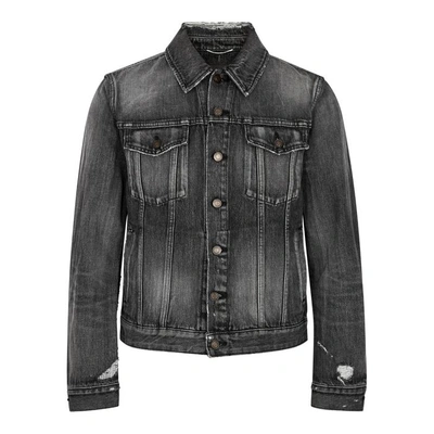 Shop Saint Laurent Grey Distressed Denim Jacket