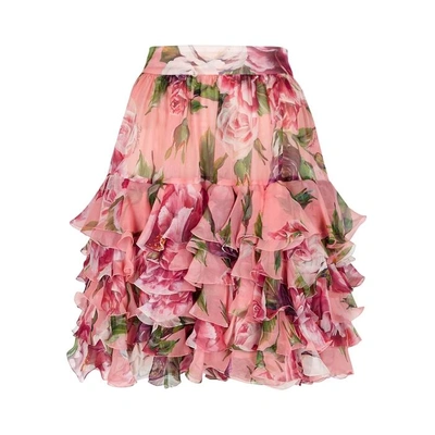Shop Dolce & Gabbana Pink Floral-print Silk Chiffon Skirt