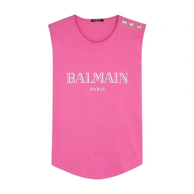 Shop Balmain Pink Logo-print Cotton Tank