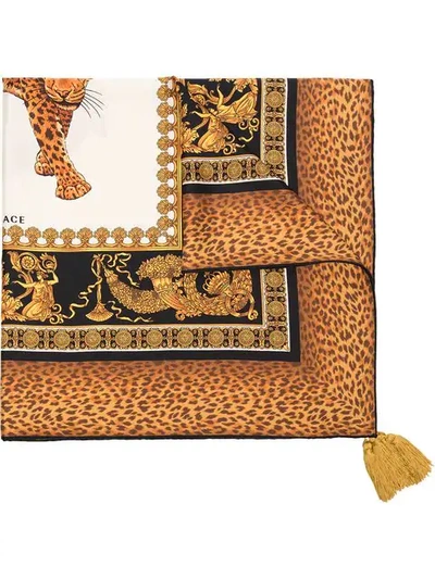 Shop Versace Brown, Yellow And Black Baroque And Leopard Print Silk Scarf