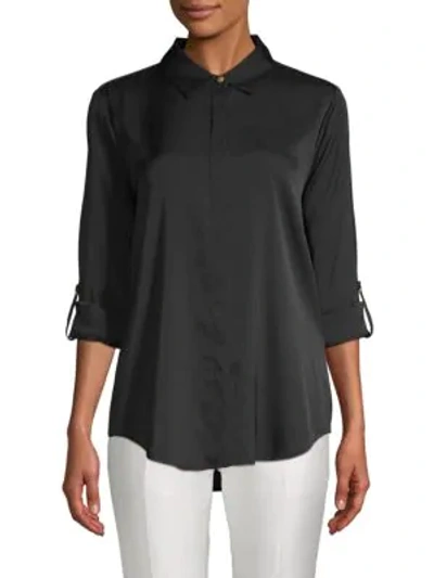 Shop Donna Karan Women's Rolled-sleeve Stretch-silk Button-down Shirt In Black