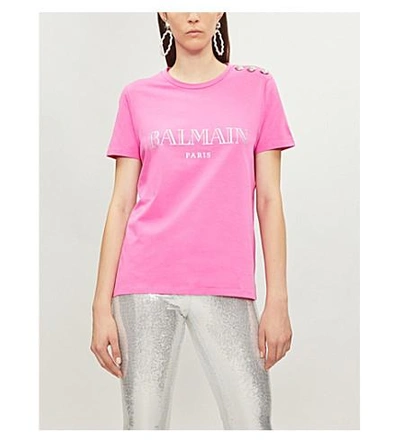 Shop Balmain Logo-print Cotton-jersey T-shirt In Rose Fluo