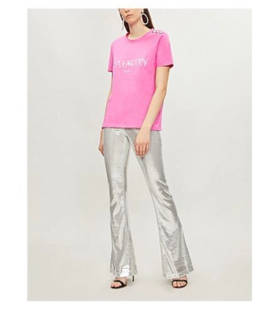 Shop Balmain Logo-print Cotton-jersey T-shirt In Rose Fluo