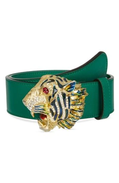 Shop Gucci Crystal Tiger Head Leather Belt In 8231 Emerald/ Multi