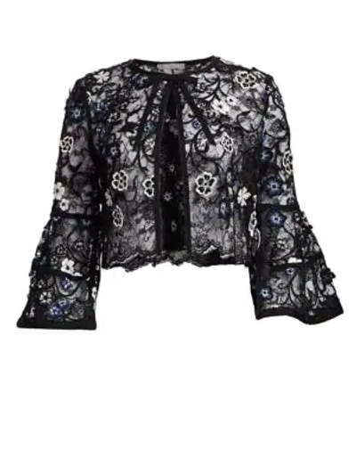 Shop Lela Rose Resort Lace Embroidery Bolero Jacket In Navy Black
