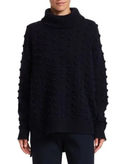 Shop Lela Rose Resort Wool & Cashmere Dotted Turtleneck Sweater In Navy