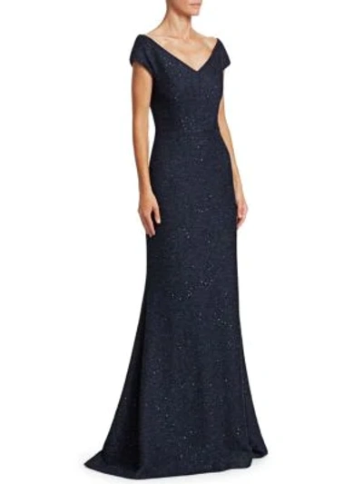 Shop Lela Rose Open Neck Sequined Tweed Gown In Navy