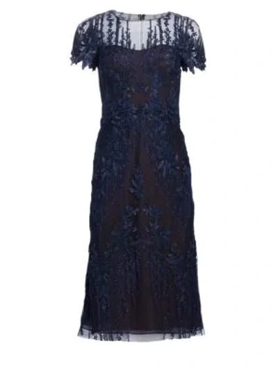Shop David Meister Floral-embroidered A-line Dress In Navy