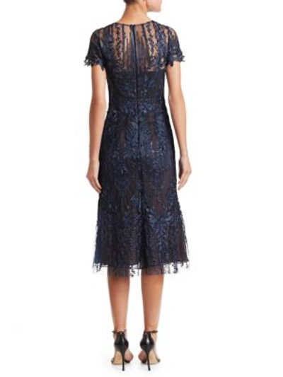 Shop David Meister Floral-embroidered A-line Dress In Navy