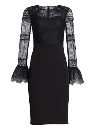 Shop David Meister Long-sleeve Lace Sheath Dress In Black