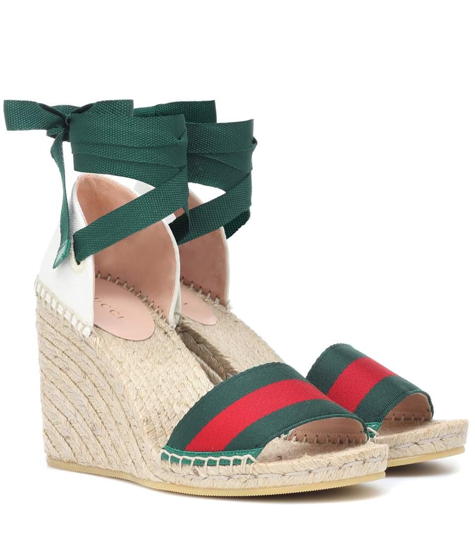 Gucci Lilibeth Striped Grosgrain And Canvas Wedge Espadrilles In Brown Modesens