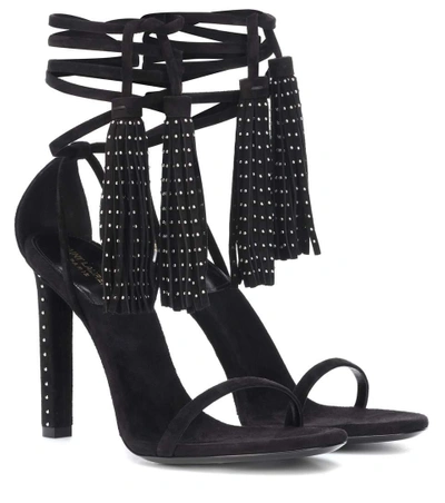 Shop Saint Laurent Linn Embellished Suede Sandals In Black