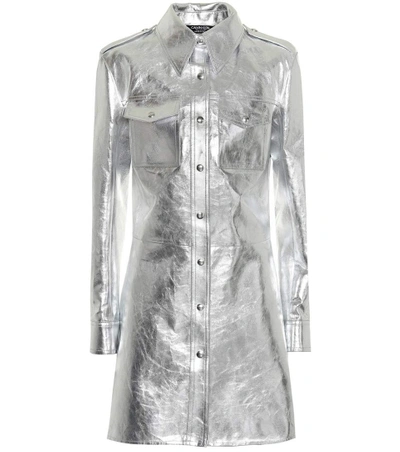 Shop Calvin Klein 205w39nyc Metallic Leather Shirt Dress In Silver