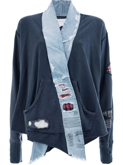 Shop Greg Lauren Fleece And Vintage Denim Kimono In Blue