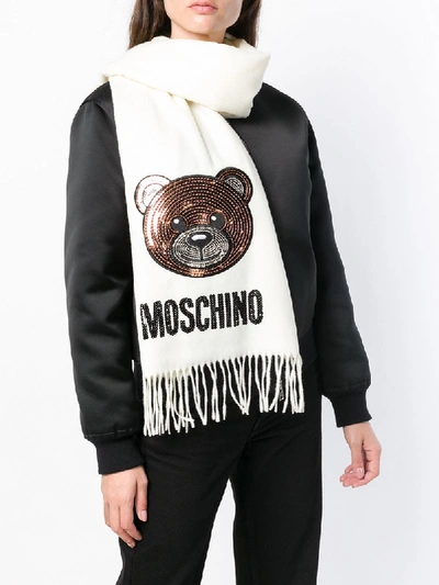 Shop Moschino Sequinned Teddy Bear Scarf - White