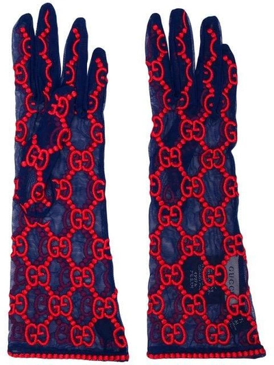 Shop Gucci Logo Print Gloves In Blue