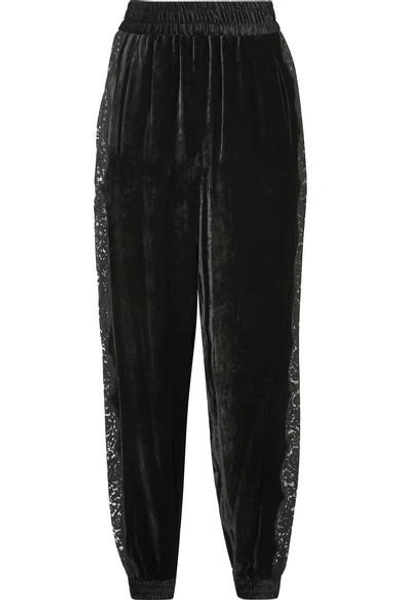 Shop Stella Mccartney Lace-trimmed Velvet Track Pants In Black