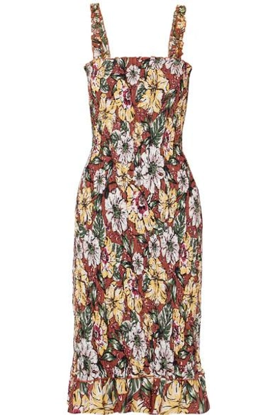 Shop Faithfull The Brand Maya Smocked Floral-print Linen Midi Dress In Brown