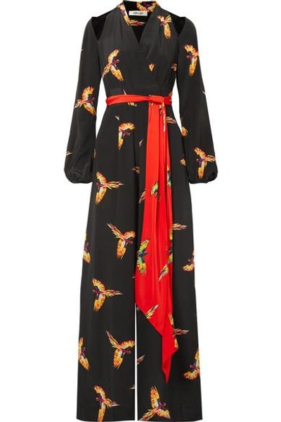 Shop Diane Von Furstenberg Cutout Belted Printed Silk Crepe De Chine Jumpsuit In Black