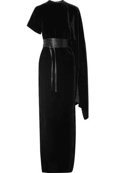 Shop A.w.a.k.e. Draped Asymmetric Velvet Maxi Dress In Black