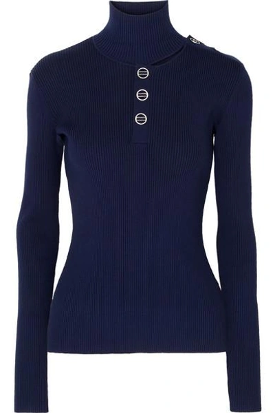 Shop Dion Lee Cutout Ribbed Stretch-knit Turtleneck Sweater In Navy