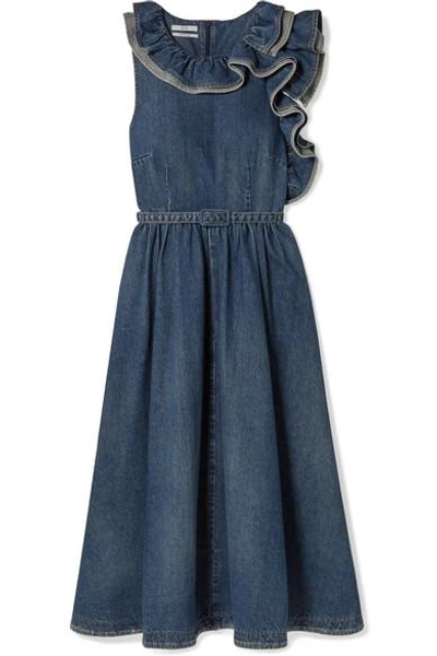 Shop Co Belted Ruffled Denim Midi Dress In Blue