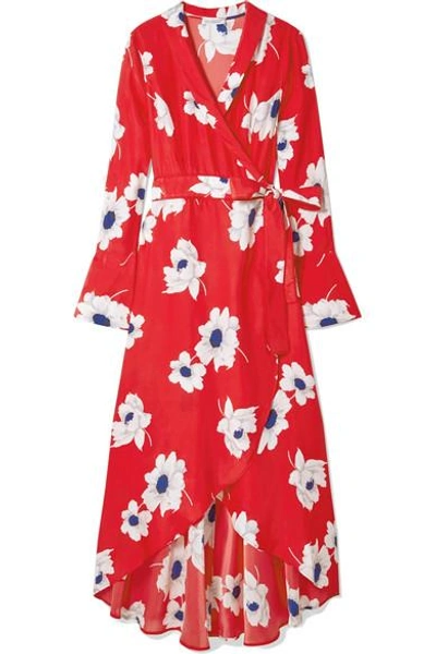 Shop Equipment Gowin Floral-print Washed-silk Wrap Midi Dress In Red