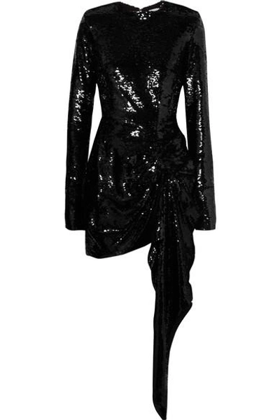 Shop 16arlington Draped Sequined Crepe Mini Dress In Black