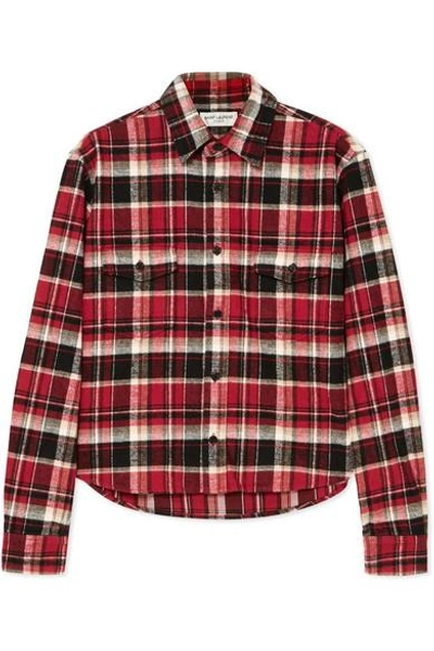 Shop Saint Laurent Cropped Checked Cotton-flannel Shirt In Red