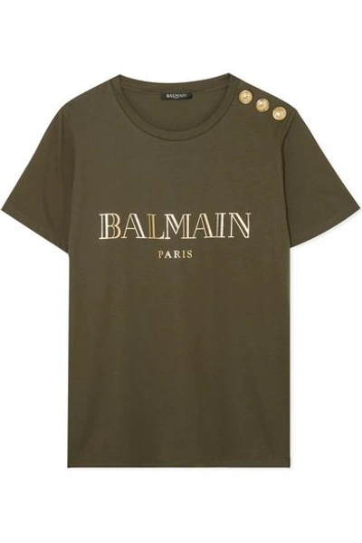 Shop Balmain Button-embellished Printed Cotton-jersey T-shirt In Army Green