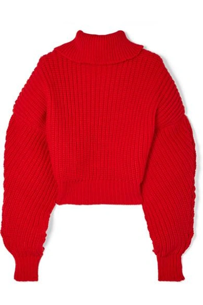 Shop A.w.a.k.e. Cropped Oversized Wool Turtleneck Sweater In Red